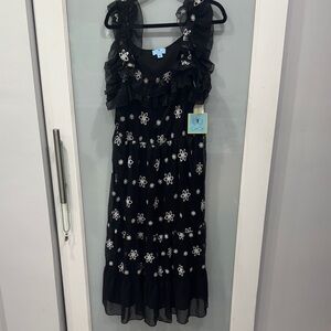 CeCe NWT Women’s Black White Square Neck Ruffled Eyelet Flower Maxi Dress XL